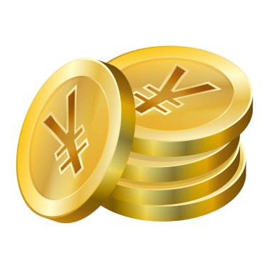 Yen altın para yığını. Yen sembollü bir yığın altın sikke. İş konsepti şablonu