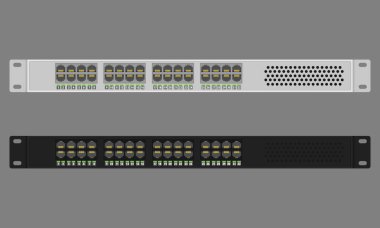 Rackmount anahtarı 1U 32 RJ45 portlu. Düz biçimli beyaz ve siyah ethernet anahtarlarının vektör illüstrasyonu