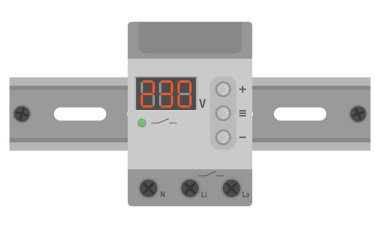Voltaj izleme modüler rölesi bir DIN raya monte edildi. Düz biçimli vektör illüstrasyonu