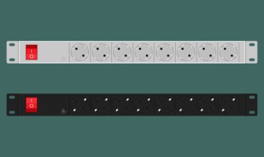 8 soket F tipi güç dağıtım ünitesi. 19 inç sunucu rafı için Rackmount 1U paneli. Düz biçimli vektör illüstrasyonu