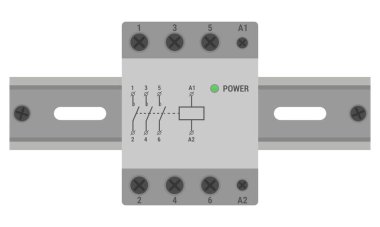 Modüler üç direk kontağı bir DIN raya monte edildi. Vektör illüstrasyonu beyaz arkaplanda izole edildi