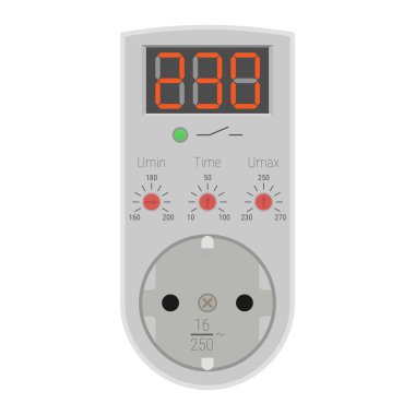 Voltaj dalgalanmalarına karşı korunmak için bir tür f tipi aygıtla birlikte voltaj izleme rölesi. Düz biçimli vektör illüstrasyonu