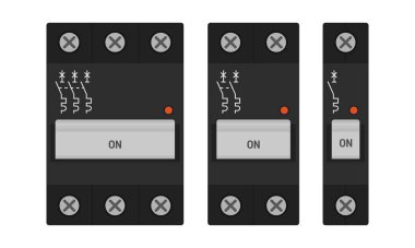 DIN demiryolu montajı için modüler devre kesiciler. Bir çift, iki ve üç sırıkla siyah devre kesiciler. Düz vektör çizimi beyaz arkaplanda izole edildi