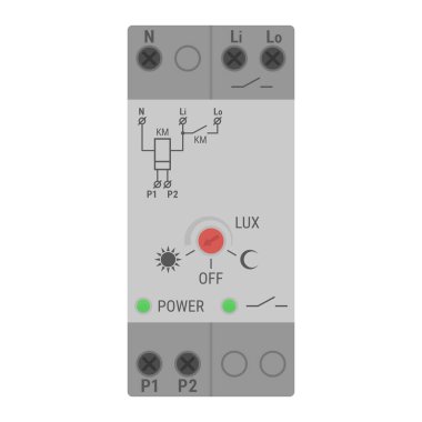 DIN demiryolu için alacakaranlık anahtarı. Elektrik illüstrasyonları veya kablo şeması için modüler bileşen