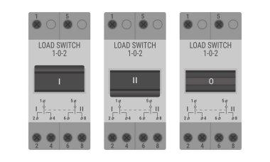 DIN demiryolu yükleme anahtarı. Modüler çift kutuplu 3 pozisyon anahtarları. Düz biçimli vektör illüstrasyonu