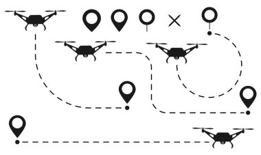 Drone veya Quadcopter rotaları ayarlandı. İzleme ya da teslim etme konsepti. Vektör illüstrasyonu beyaz arkaplanda izole edildi
