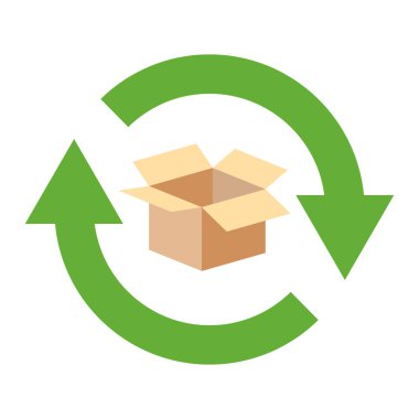 Geri dönüşüm ya da ambalaj malzemesi vektör işareti. Etrafında iki dairesel ok olan bir karton kutu.