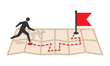 Haritada kırmızı bayrağa doğru koşan biri. Navigasyon konsepti ya da hedefe doğru ilerleme. Vektör illüstrasyonu