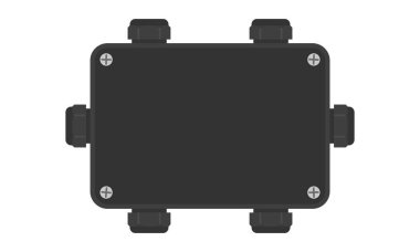 Black cable junction box. Rectangle 6-way electrical box with cable glands. Vector illustration in flat style clipart