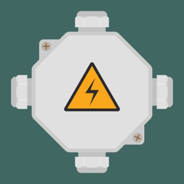 Electrical junction box with mounting flanges and high voltage warning sign. Vector illustration clipart