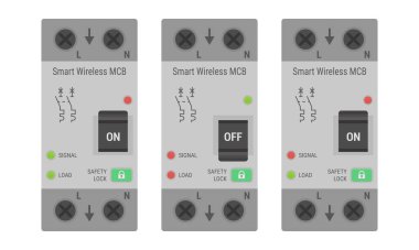 DIN demiryolu montajı için akıllı kablosuz devre kesici. Beyaz üzerine izole edilmiş elektronik aygıtlar kümesi