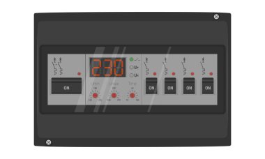 Yarı şeffaf kapılı sigorta kutusu. Yüklü voltaj rölesi ve devre kesicileri olan siyah santral
