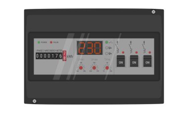 Yarı şeffaf kapılı sigorta kutusu. Yüklü enerji sayacı, voltaj rölesi ve devre kesicileri olan siyah santral. Vektör illüstrasyonu