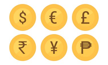 Küresel para birimi altın sikkesi beyaza izole edilmiş. Finansal, ekonomik ve küresel ticaret bağlamları için düz stil vektör illüstrasyonu