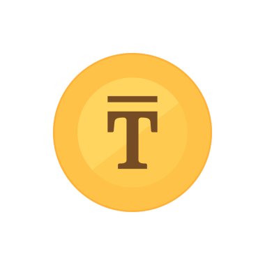 Üzerinde Kazakistan Tenge sembolü olan altın para. Düz vektör simgesi beyaz arkaplanda izole edildi