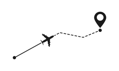 Hedef işaretli uçak rotası. Seyahat güzergahlarını, uçuş yollarını veya navigasyonu erişilebilir ve düz bir şekilde göstermek için vektör resmi