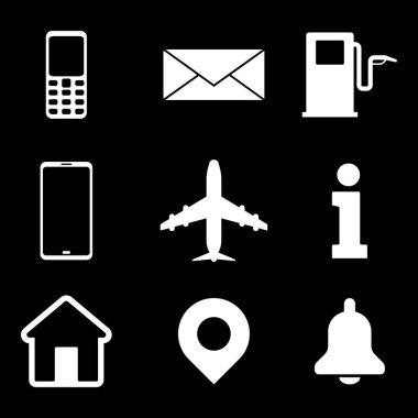 Siyah arkaplanda izole edilmiş beyaz simge koleksiyonu. Çeşitli uygulamalar ve arayüzler için kendi fonksiyonlarını veya hizmetlerini temsil edecek basit vektör simgeleri kümesi