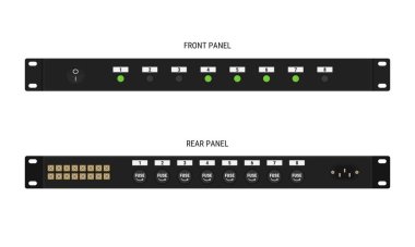 Güç besleme panelini hazırlayın. Ön ve arka görünümlü 1U güç tedarik panelinin vektör illüstrasyonu