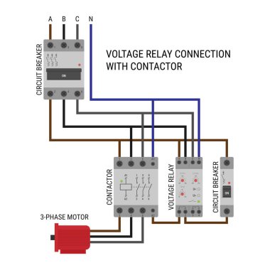 Voltaj rölesinin şeması ve 3 aşamalı motor kontrolü için kontak kurulumu. Beyaz arkaplanda izole edilmiş vektör illüstrasyonu