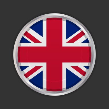 İngiliz bayrağı simgesi. İngiliz bayrağının bulunduğu dairesel düğme tasarımı, metalik gümüş çerçeveli. Vektör simgesi, EPS10
