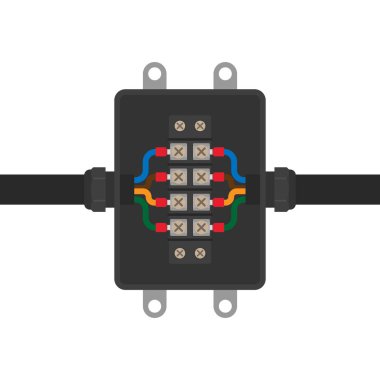 Terminal blokları ve düzgün bağlı kabloları olan elektrik bağlantı kutusu. Elektrik bileşenleri, sistemler ve profesyonel kablolama çalışmaları için vektör görüntüsü, teknik ve endüstriyel projelere hitap ediyor