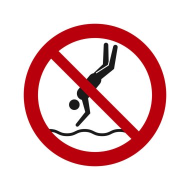 Dalış işareti yok, güvenlik uyarısı sembolü. Suya dalan siyah silueti olan vektör yasaklama işareti, kırmızı bir yasaklama çemberi tarafından çizilmiş.
