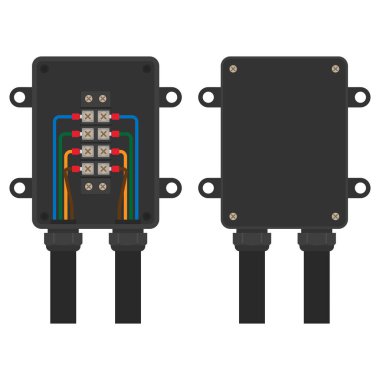 Düzgün bağlı kablolarla elektrik bağlantı kutusu var. Elektrik bileşenleri, sistemler ve profesyonel kablolama çalışmaları için vektör görüntüsü, teknik ve endüstriyel projelere hitap ediyor