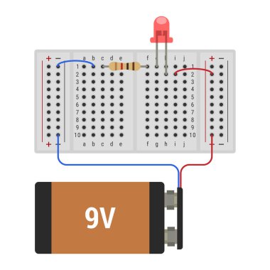Ekmek tahtasında 9V bataryalı LED devre. Eğitimsel amaçlar için düz stil vektör illüstrasyonu, amatör deneyler veya acemi seviyesindeki elektronik kavramları resmetmek
