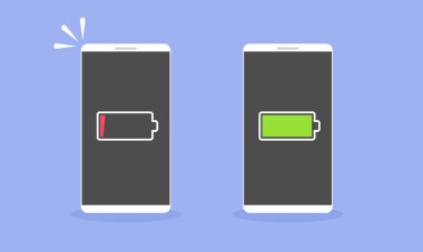 Akıllı telefonlar düşük ve tam şarjlı. Pil ömrü, akıllı telefon kullanımı ve enerji yönetimi ile ilgili konular için düz biçim vektör çizimi