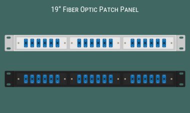 Fiber optik yama panelleri. Siyah ve beyaz seçenekleri olan 19 inçlik raf kurulumu için. Vektör illüstrasyonu, EPS10