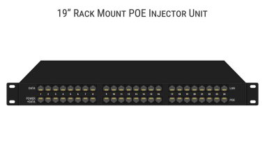 Güç enjektörü 1U panel 48 RJ45 port ile 19 inç raf kurulumu. Düz biçimli vektör illüstrasyonu