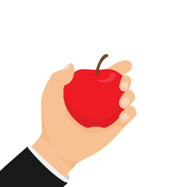 El ele tutuşup taze kırmızı elma yiyelim. Parlak bir yüzeyi ve kahverengi bir sapı olan canlı kırmızı bir elmayı tutan bir el. Sağlık, beslenme, organik gıda, sağlık veya eğitim amaçlı konular için vektör illüstrasyon.