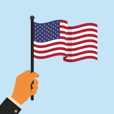 Mavi arka planda Amerikan bayrağı var. Amerikan vatanseverliğini, Bağımsızlık Gününü ve ilgili ulusal kutlamaları sembolize eden düz stil illüstrasyon