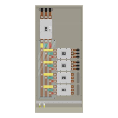 Devre kesici ve bakır otobüs çubukları olan endüstriyel elektrik dağıtım paneli