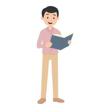 Çizgi filmci adam ayakta kitap okuyor. Minimalist düz bir resim, ayakta dururken mavi kitap okuyan neşeli bir adamın.