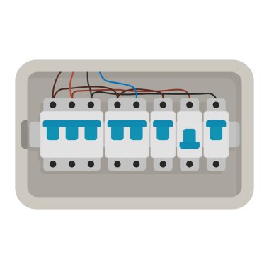 Elektrik şalterli minimalist elektrik paneli. Eğitimsel materyaller, mühendislik kılavuzları veya elektrik altyapısı hakkında içerik için düz biçim illüstrasyonu