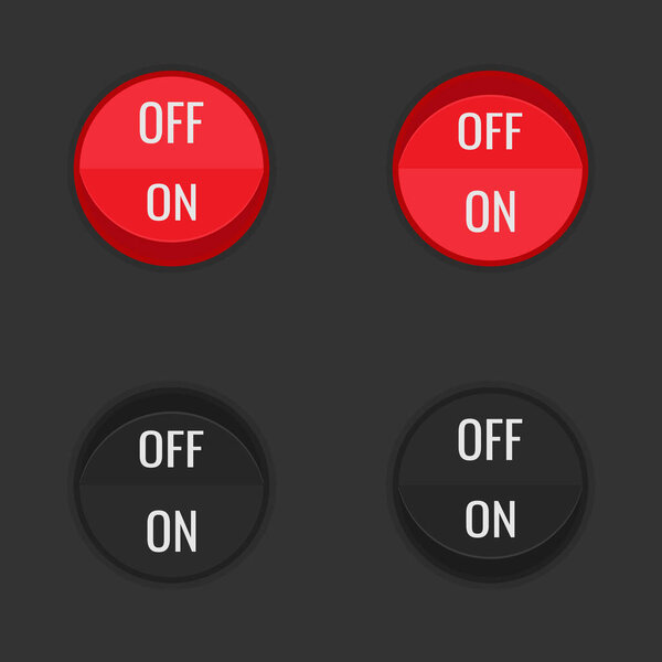 Set of round rocker switches in red and black. Buttons for user interface design, digital dashboards, app controls, or concept illustrations related to power, control systems, or toggling functionality