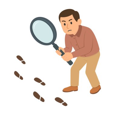 Çizgi filmci, büyüteçle ayak izlerini inceliyor. Gizem ya da iş araştırması konsepti. Analiz, danışmanlık, problem çözme, kurumsal eğitim ve soruşturma alanlarındaki kavramları tasvir eden vektör illüstrasyonu