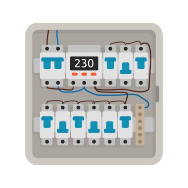 Voltaj rölesi, devre kesicileri ve bağlı renkli kabloları olan modern elektrik dağıtım paneli. Eğitim materyalleri, mühendislik kılavuzları veya elektrik altyapısı ve güç sistemleri hakkında minimalist illüstrasyon