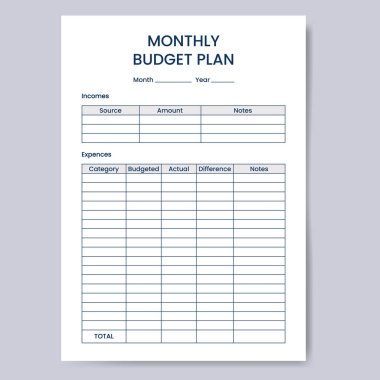 Minimalist aylık bütçe planlayıcısı. Organizasyon ve üretkenliğe odaklanan dijital indirme ürünleri, iş araçları, eğitim içeriği veya yaşam tarzı blogları için vektör illüstrasyonu