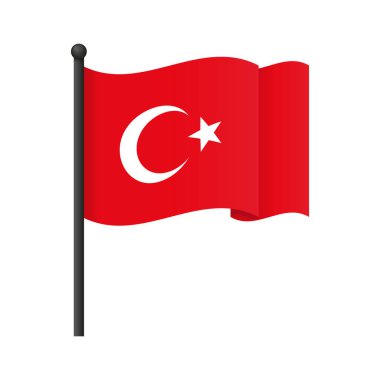 Beyaz bayrak direğine Türkiye bayrağı sallamak. Türkiye 'nin ulusal sembollerini içeren editörlük, eğitim, vatanseverlik ve tasarım projeleri için Türk bayrağı illüstrasyonu