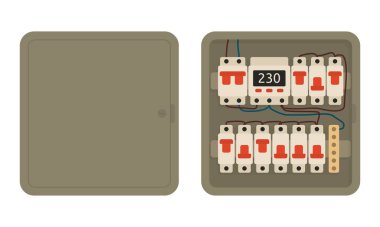 Minimalist elektrik devre kesici panel ayarlandı. Voltaj rölesi, devre kesicileri ve bağlı renkli kabloları olan modern elektrik dağıtım paneli. Eğitim materyalleri için vektör illüstrasyonu, inşaat planları, akıllı ev şemaları