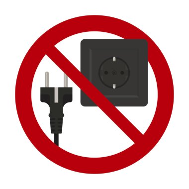 Vektör uyarı işaretinde tıkama yok. Siyah prizli ve prizli elektriksel tehlike sembolü kırmızı yasak çemberiyle çizilmiş. Kılavuz, işyeri tabelası, sunumlar ve elektrik güvenliği ile ilgili eğitim materyalleri için imza