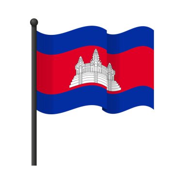 Bayrak direğinde Kamboçya bayrağı sallamak beyazda izole edilmiş. Kamboçya 'nın Kamboçya ulusal sembollerini içeren editörlük, eğitim, vatanseverlik ve tasarım projeleri bayrağı
