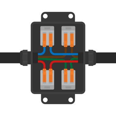Kablo bağlantıları olan elektrik bağlantı kutusu. Teknik kılavuzlarda, güvenlik rehberlerinde ve eğitim c 'de kullanmak için vektör illüstrasyonuName