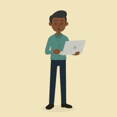 Çizgi filmci elinde dizüstü bilgisayarla ayakta duruyor. Uzak çalışma, modern işyeri, teknoloji, kurumsal iletişim ve sunumlarla ilgili kavramlar için minimalist vektör çizimi