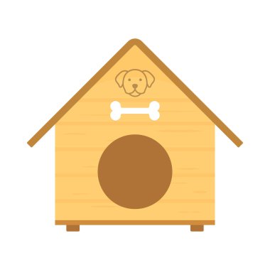 Minimalist köpek suratlı ve kemik amblemli rahat ahşap köpek kulübesi. Hayvan bakımı markalaşması, eğitim materyalleri veya ev dekorasyonu temaları için düz vektör illüstrasyonu