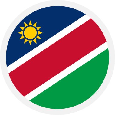Şeffaf arkaplanda Namibya bayrağı simgesi. Eğitim içeriği, seyahat rehberleri, kültürel bilgi grafikleri ve uluslararası tasarım projeleri için dairesel vektör amblemi