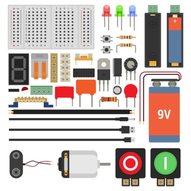 Essential electronics components set. DIY circuit kit vector icons for makers and educators