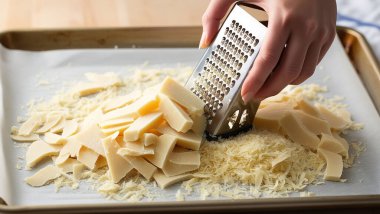 Şef, yeni hazırlanmış makarna yemeğinin üstünde sert peyniri rendeliyor. Makarna, Akdeniz geleneksel mutfağıdır..